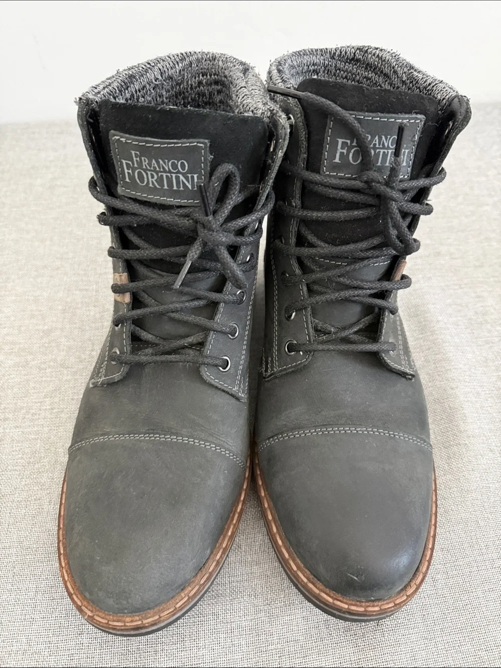 Franco Fortini Charcoal leather Lace-Up Knit-Collar Ankle Boots